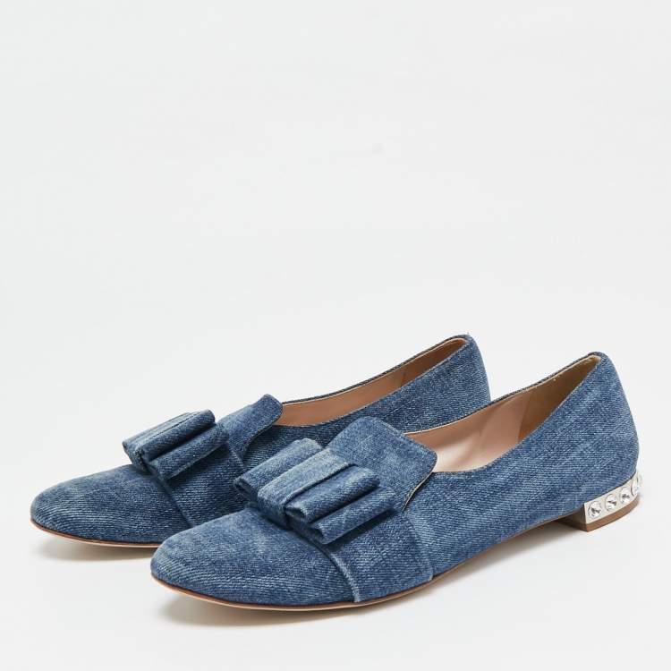 Pre Owned Miu Miu Blue Denim Bow  Crystal Embellished Smoking Slippers Size 39