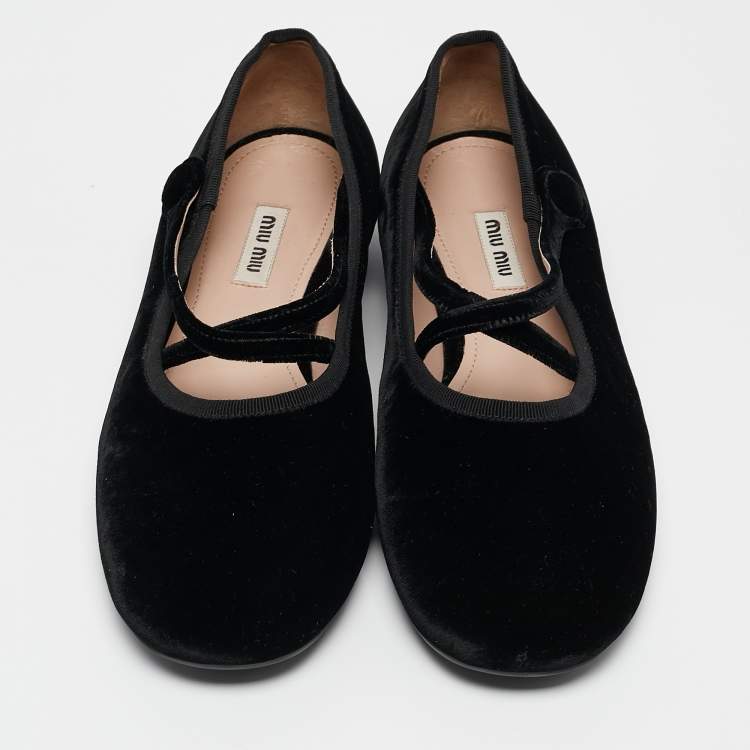 Pre Owned Miu Miu Black Velvet Crisscross Strappy Ballet Flats Size 39