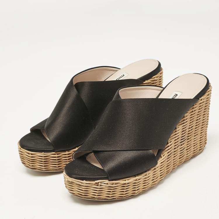Pre Owned Miu Miu Black Satin Wedge Sandals Size 37.5