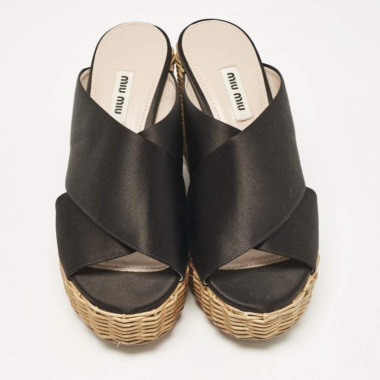 Pre Owned Miu Miu Black Satin Wedge Sandals Size 37.5