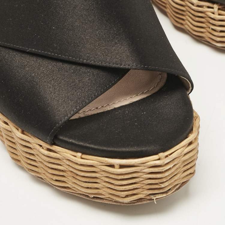 Pre Owned Miu Miu Black Satin Wedge Sandals Size 37.5