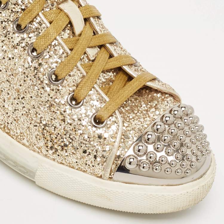 Pre Owned Miu Miu Gold Coarse Glitter Metal Cap Toe Low Top Sneakers Size 37.5