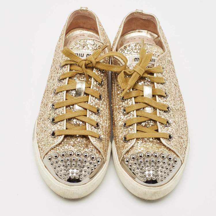 Pre Owned Miu Miu Gold Coarse Glitter Metal Cap Toe Low Top Sneakers Size 37.5