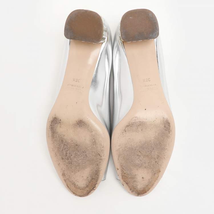Pre Owned Miu Miu Silver Leather Crystal Embellished Block Heel Peep Toe Pumps Size 38.5