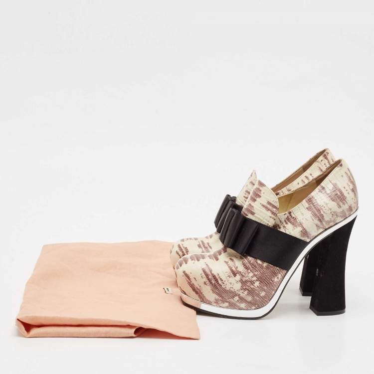 Pre Owned Miu Miu Beige/Black Lizard Embossed Leather Bow Platform Block Heel Pumps Size 38.5
