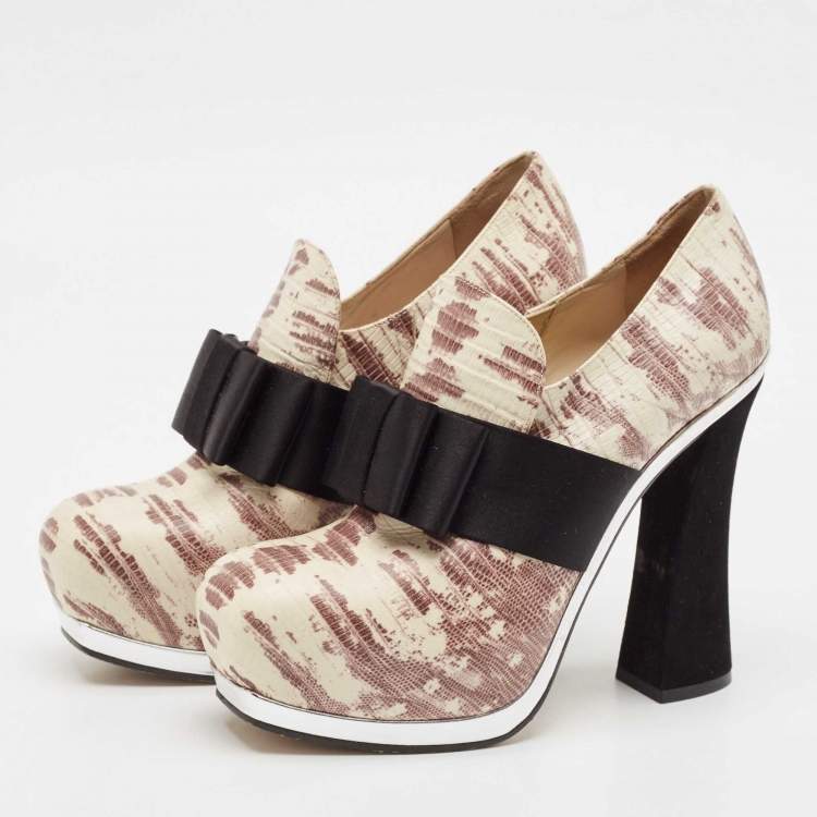 Pre Owned Miu Miu Beige/Black Lizard Embossed Leather Bow Platform Block Heel Pumps Size 38.5