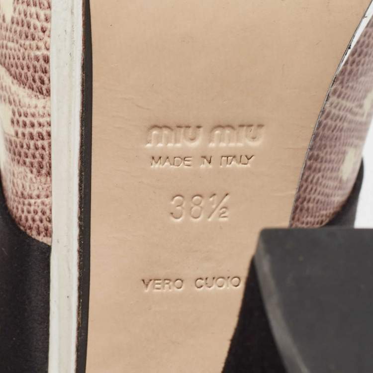 Pre Owned Miu Miu Beige/Black Lizard Embossed Leather Bow Platform Block Heel Pumps Size 38.5