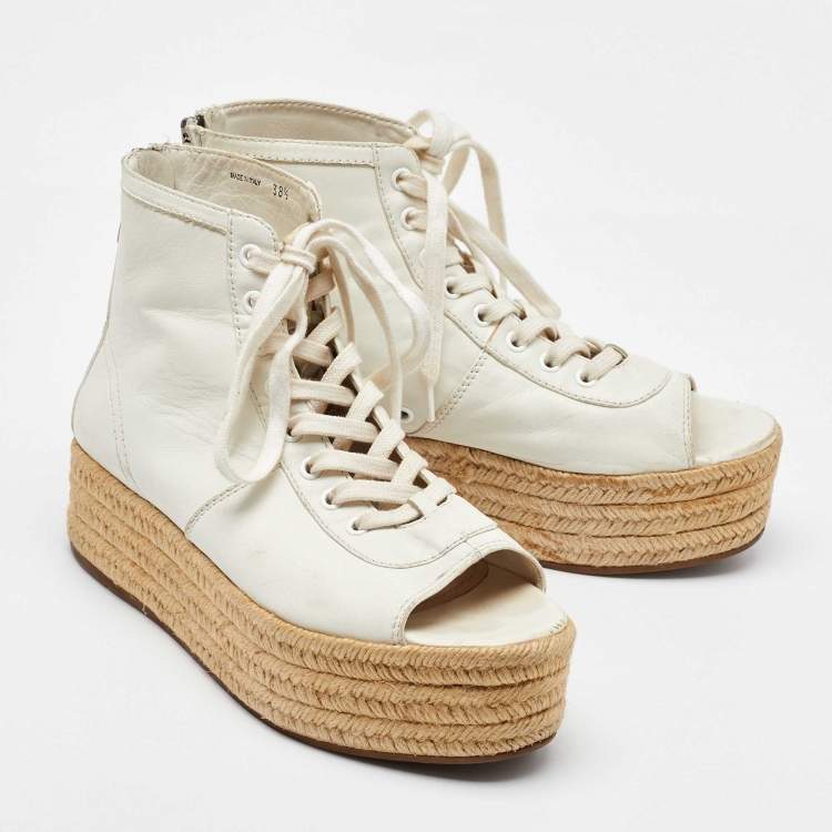Pre Owned Miu Miu White Leather Open Toe Espadrille Platform High Top Sneakers Size 38.5