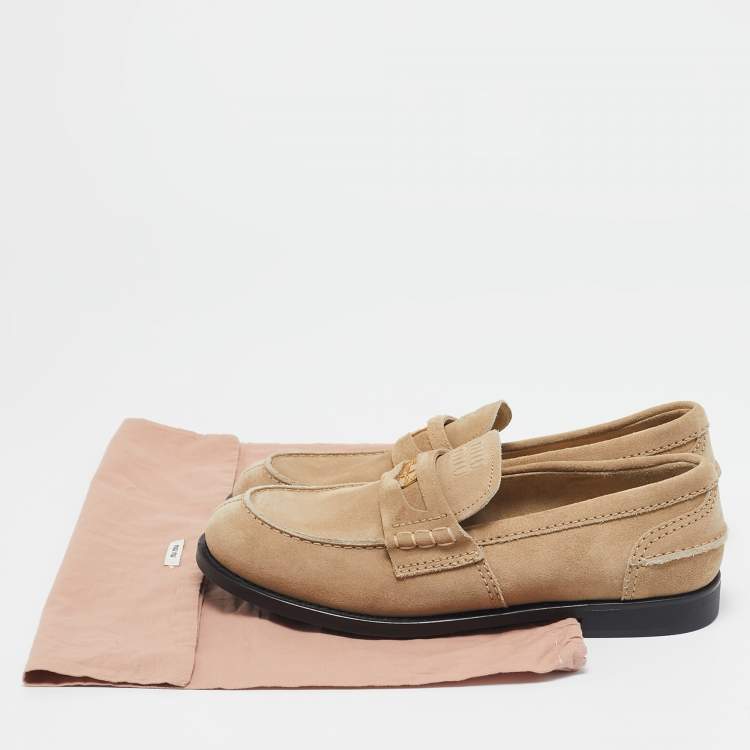 Pre Owned Miu Miu Beige Suede Logo Appique Loafers Size 38.5