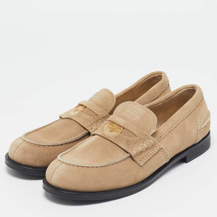 Pre Owned Miu Miu Beige Suede Logo Appique Loafers Size 38.5