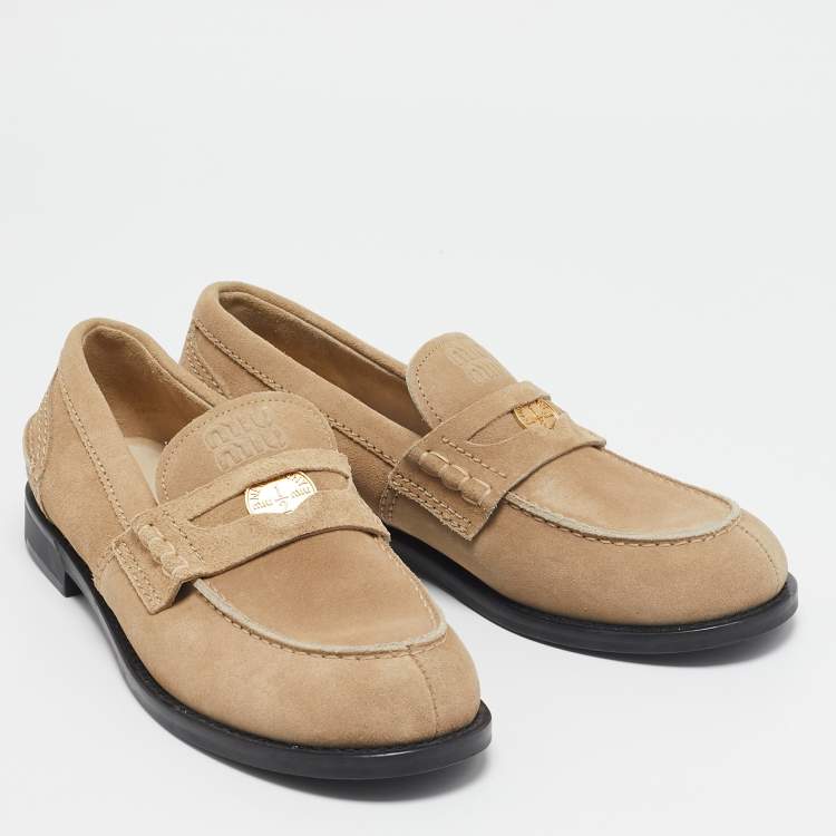 Pre Owned Miu Miu Beige Suede Logo Appique Loafers Size 38.5