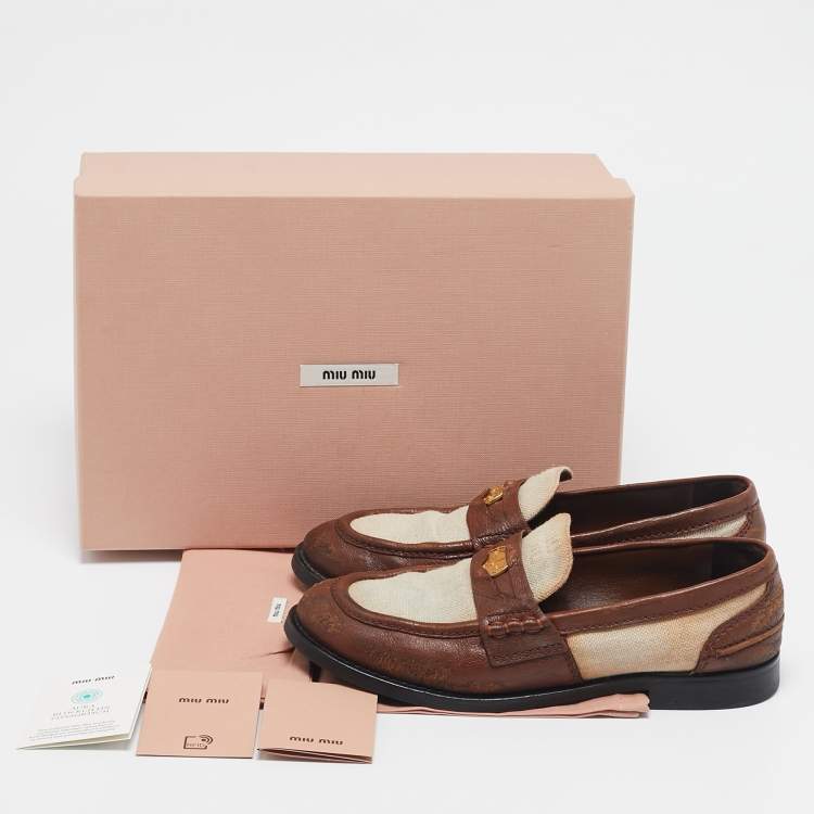 Pre Owned Miu Miu Beige/Brown Canvas and Leather Coin Penny Loafers Size 38