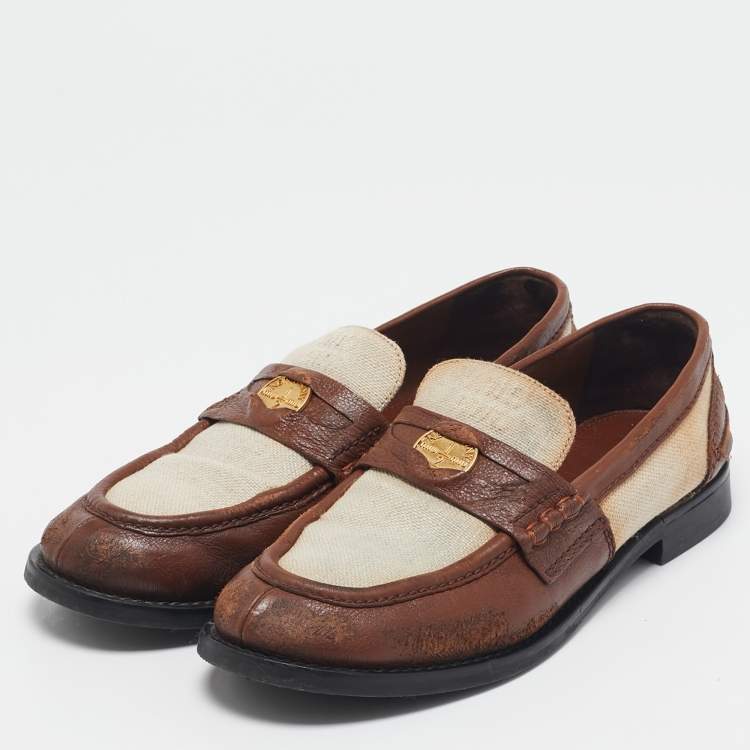 Pre Owned Miu Miu Beige/Brown Canvas and Leather Coin Penny Loafers Size 38
