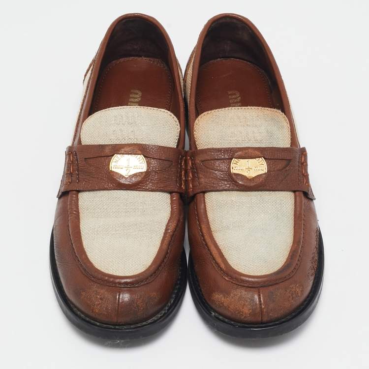 Pre Owned Miu Miu Beige/Brown Canvas and Leather Coin Penny Loafers Size 38