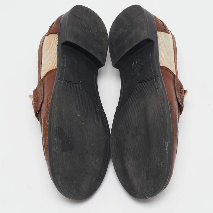 Pre Owned Miu Miu Beige/Brown Canvas and Leather Coin Penny Loafers Size 38
