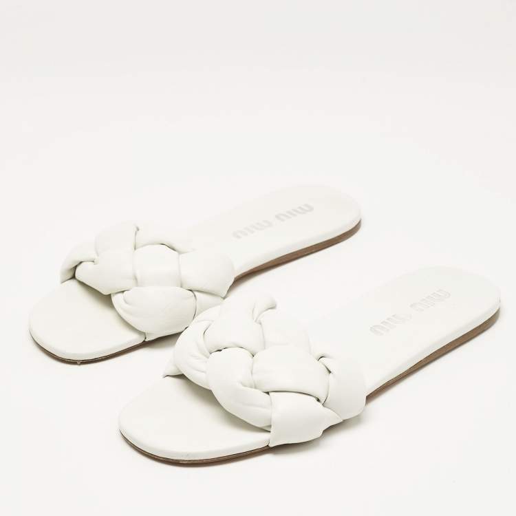 Pre Owned Miu Miu White Intrecciato Leather Flat Slides Size 40