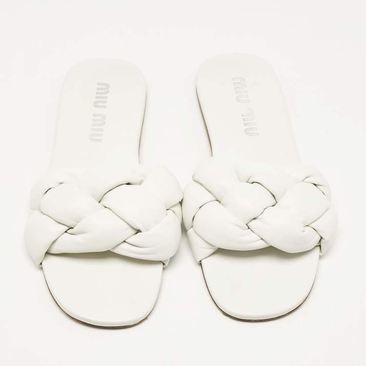 Pre Owned Miu Miu White Intrecciato Leather Flat Slides Size 40