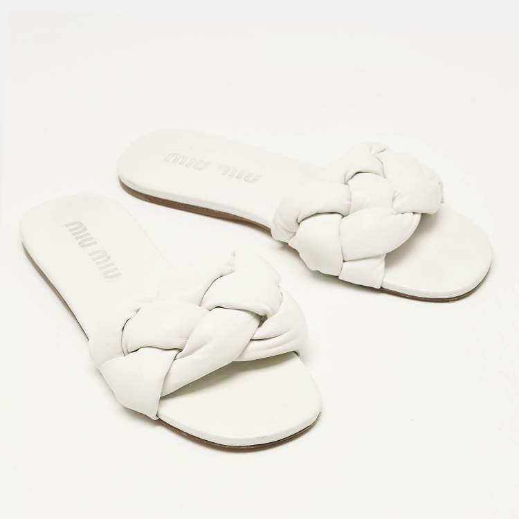Pre Owned Miu Miu White Intrecciato Leather Flat Slides Size 40
