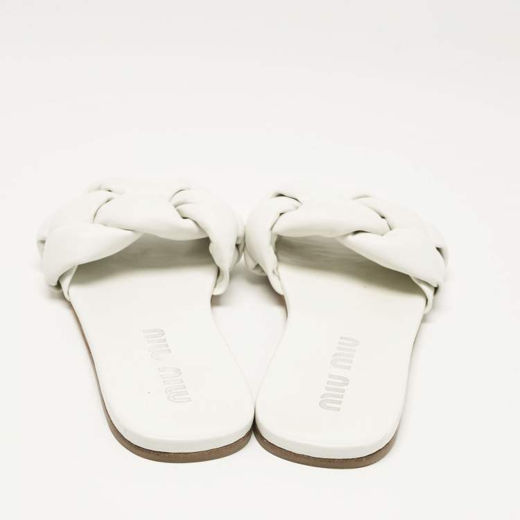 Pre Owned Miu Miu White Intrecciato Leather Flat Slides Size 40