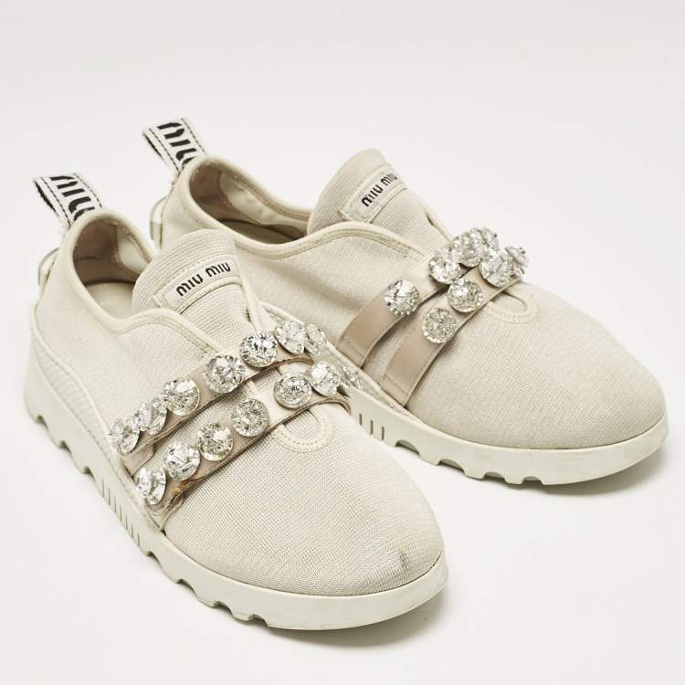 مملوكة مسبقًا Miu Miu Cream Knit Fabric Crystal Embellished Slip On Sneakers Size 41