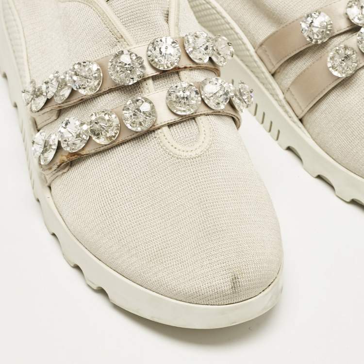 مملوكة مسبقًا Miu Miu Cream Knit Fabric Crystal Embellished Slip On Sneakers Size 41