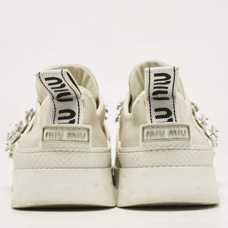 مملوكة مسبقًا Miu Miu Cream Knit Fabric Crystal Embellished Slip On Sneakers Size 41