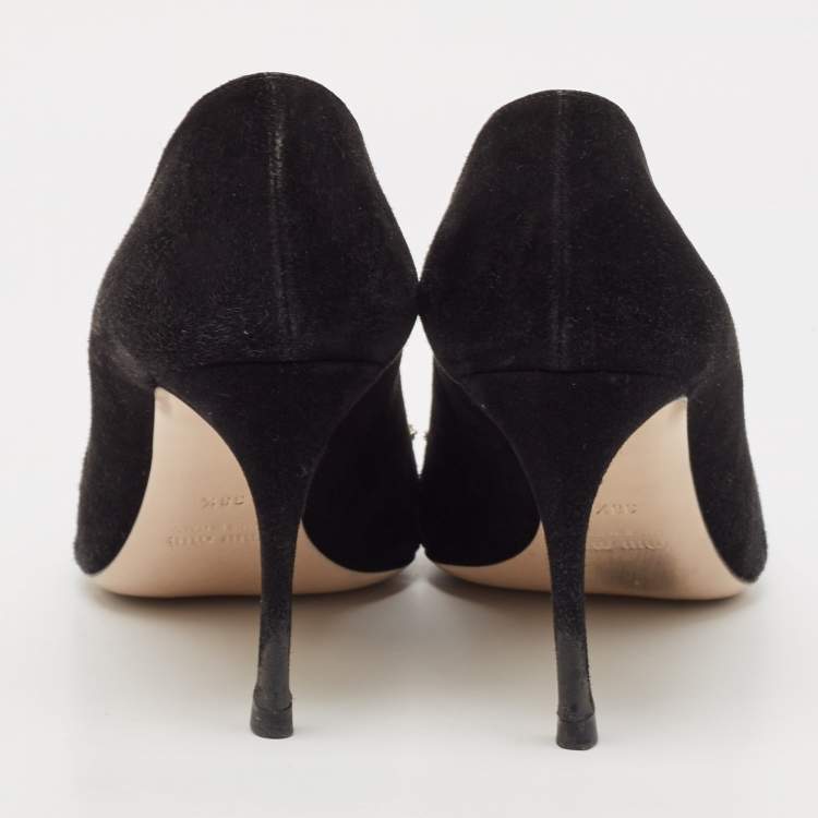 Pre Owned Miu Miu Black Suede and PVC Crystal Embellished Pointed Toe Pumps Size 38.5