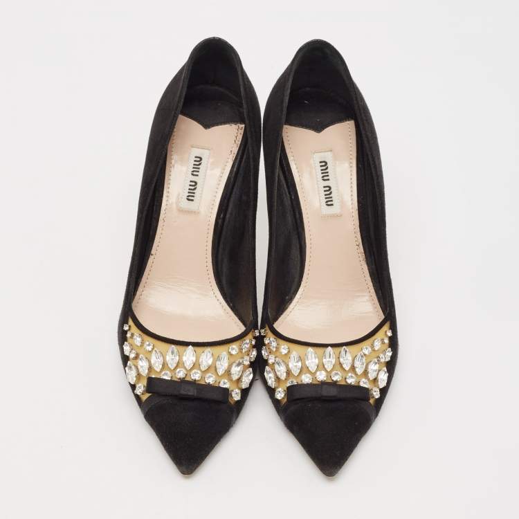 Pre Owned Miu Miu Black Suede and PVC Crystal Embellished Pointed Toe Pumps Size 38.5