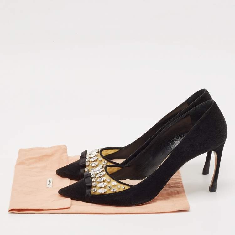 Pre Owned Miu Miu Black Suede and PVC Crystal Embellished Pointed Toe Pumps Size 38.5
