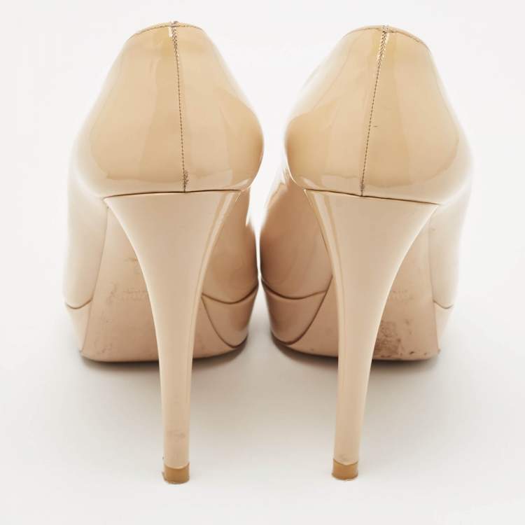 Pre Owned Miu Miu Beige Patent Leather Peep Toe Platform Pumps Size 39.5