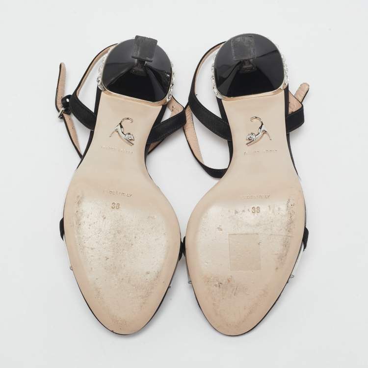 Pre Owned Miu Miu Black Satin And PVC Embellished Heel Ankle Strap Sandals Size 38