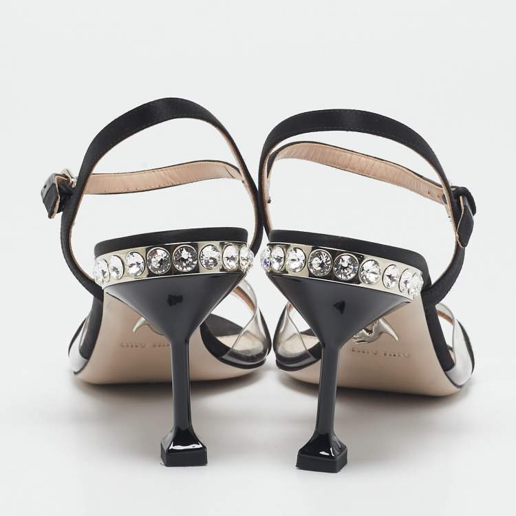 Pre Owned Miu Miu Black Satin And PVC Embellished Heel Ankle Strap Sandals Size 38