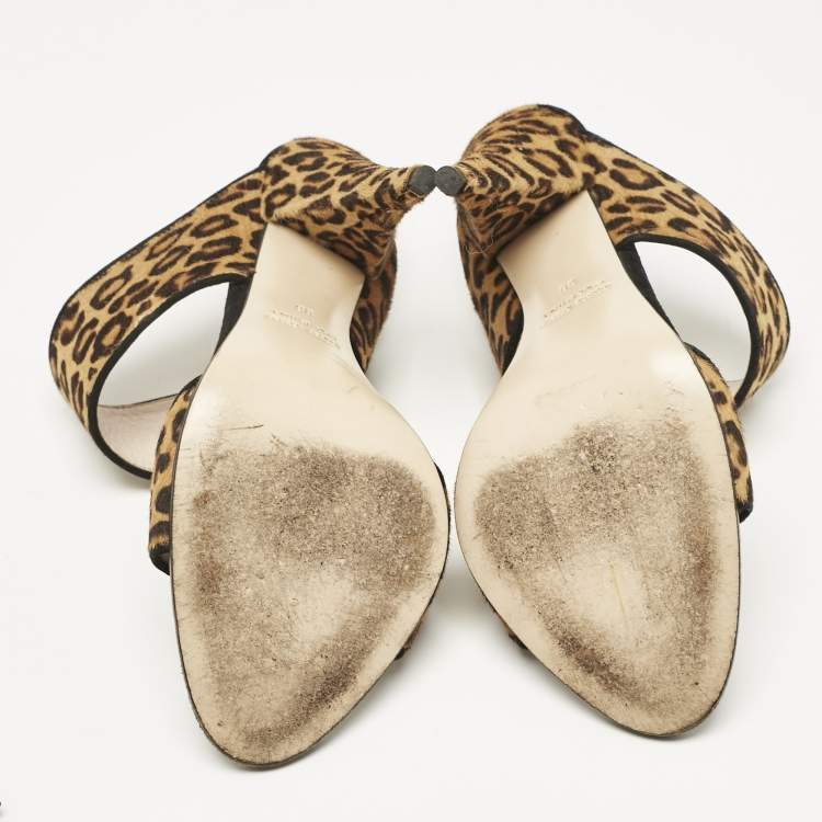 Pre Owned Miu Miu Brow Leopard Print Calf Hair and Suede Slide Sandals Size 38