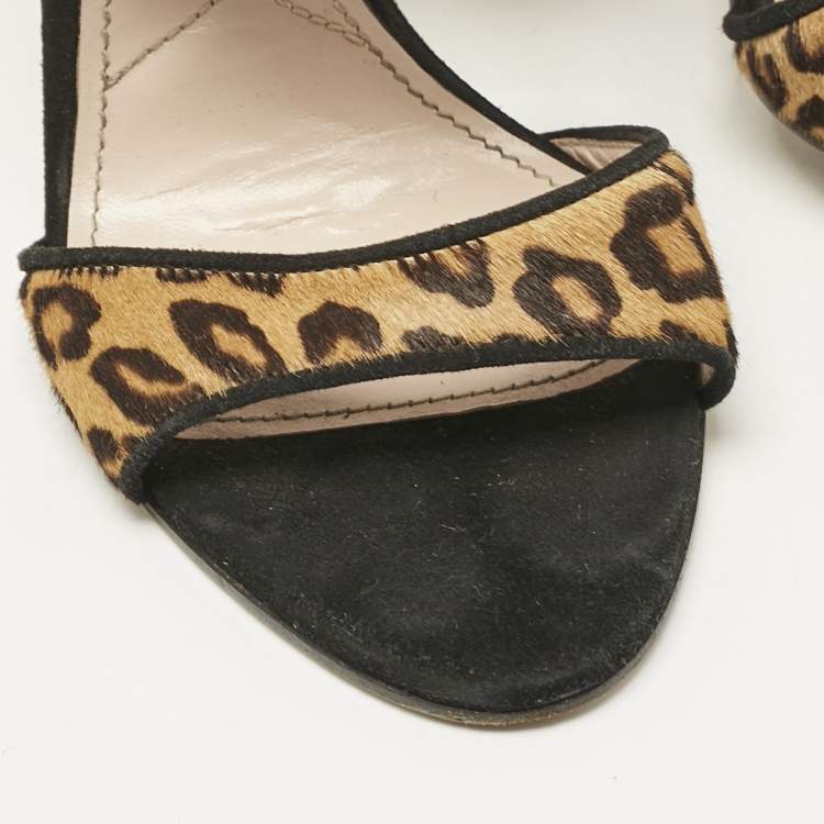 Pre Owned Miu Miu Brow Leopard Print Calf Hair and Suede Slide Sandals Size 38