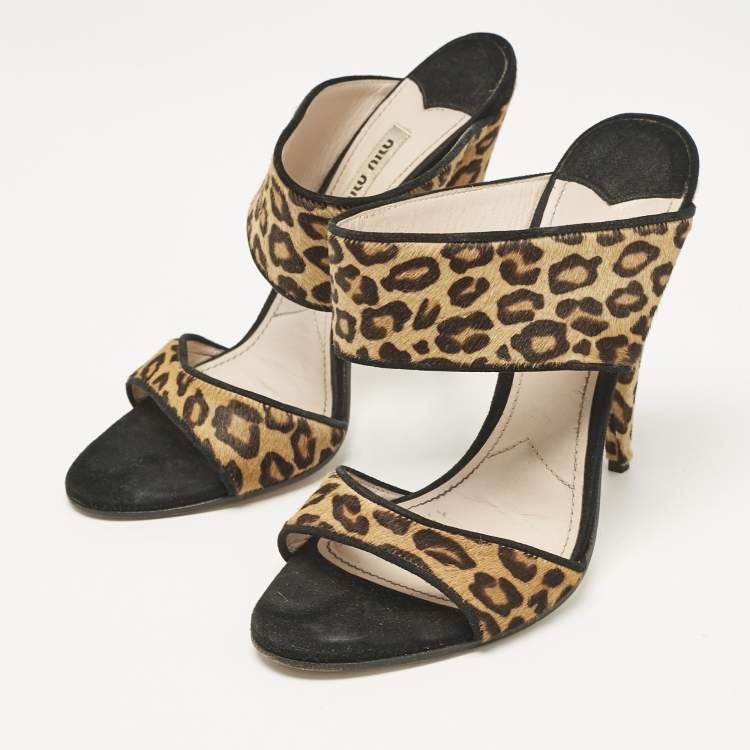 Pre Owned Miu Miu Brow Leopard Print Calf Hair and Suede Slide Sandals Size 38