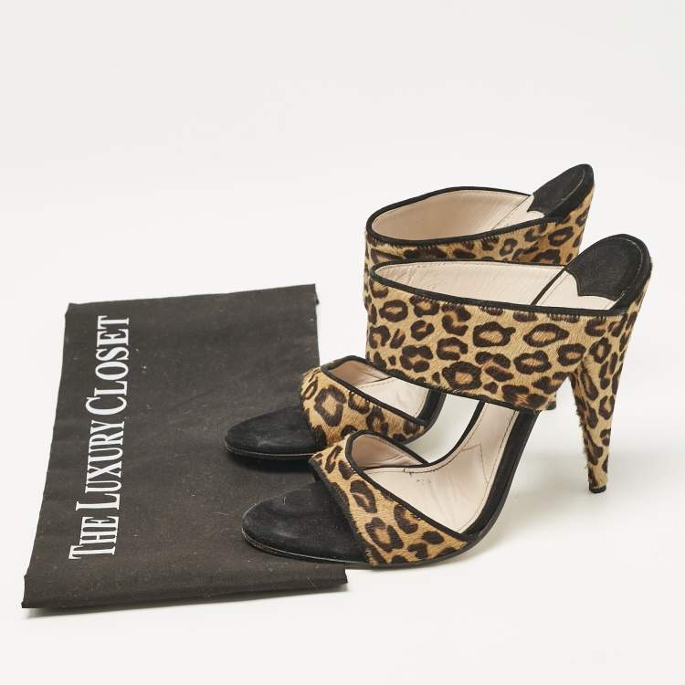 Pre Owned Miu Miu Brow Leopard Print Calf Hair and Suede Slide Sandals Size 38