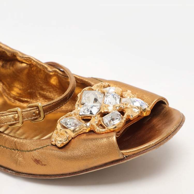 Pre Owned Miu Miu Gold Leather Embellished Scrunch Ballet Flats Size 38