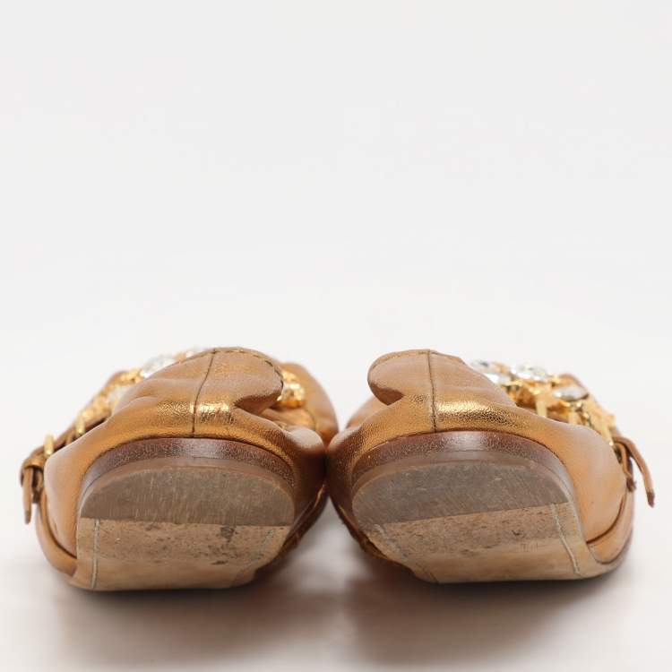 Pre Owned Miu Miu Gold Leather Embellished Scrunch Ballet Flats Size 38