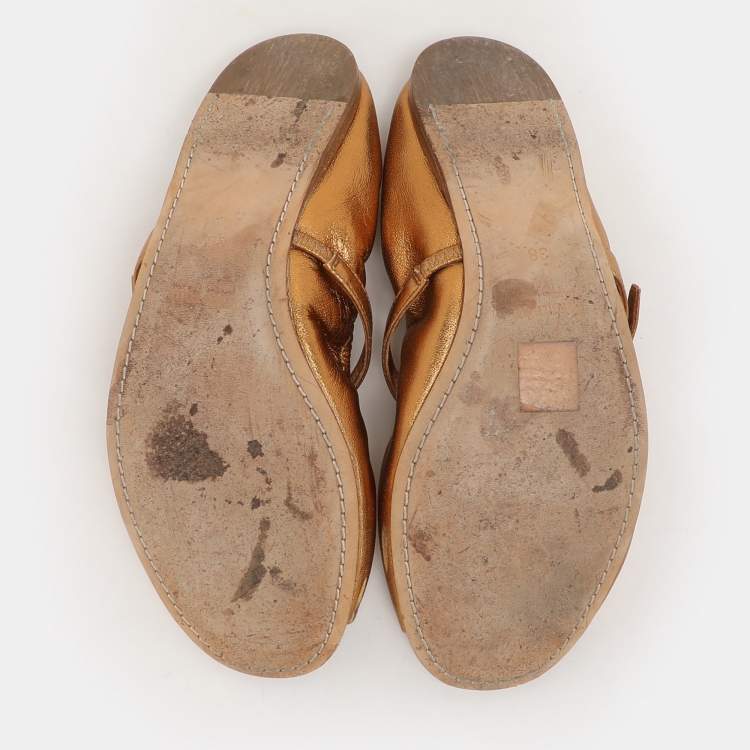 Pre Owned Miu Miu Gold Leather Embellished Scrunch Ballet Flats Size 38