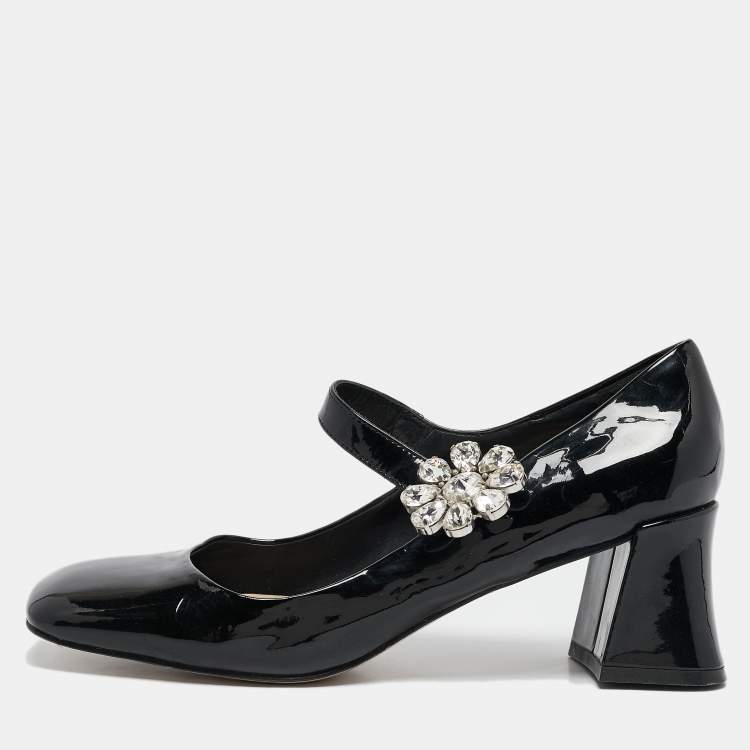 Pre Owned Miu Miu Black Patent Leather Crystal Embellished Mary Jane Pumps Size 37