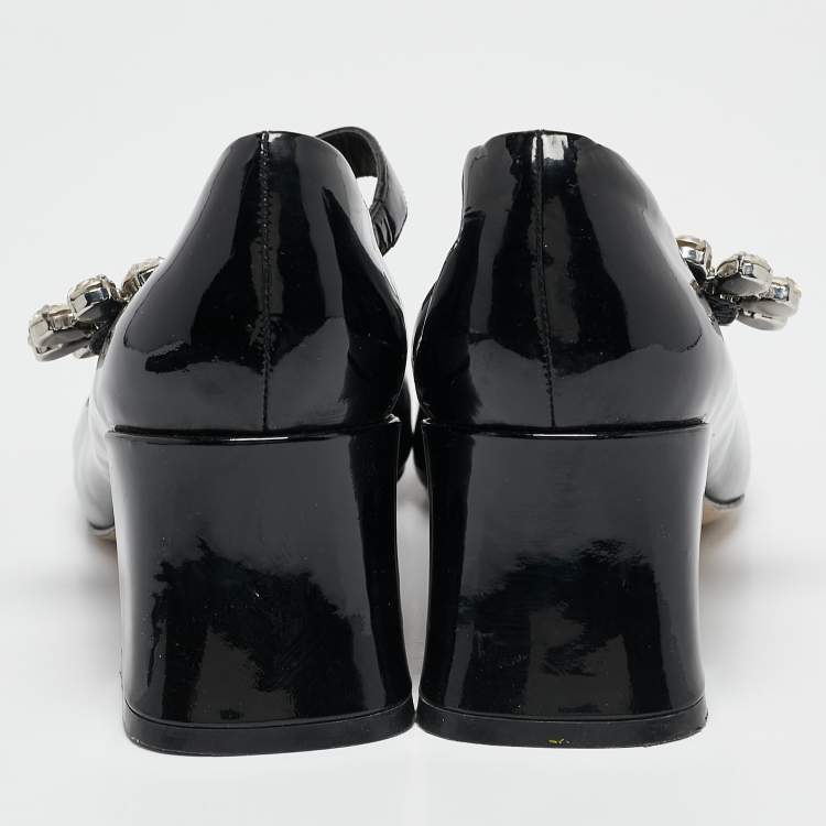 Pre Owned Miu Miu Black Patent Leather Crystal Embellished Mary Jane Pumps Size 37