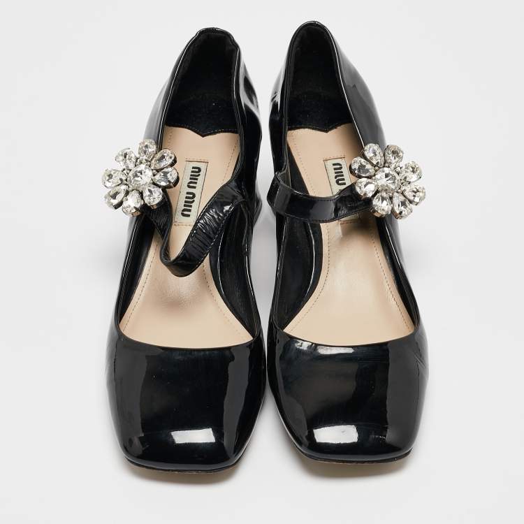 Pre Owned Miu Miu Black Patent Leather Crystal Embellished Mary Jane Pumps Size 37
