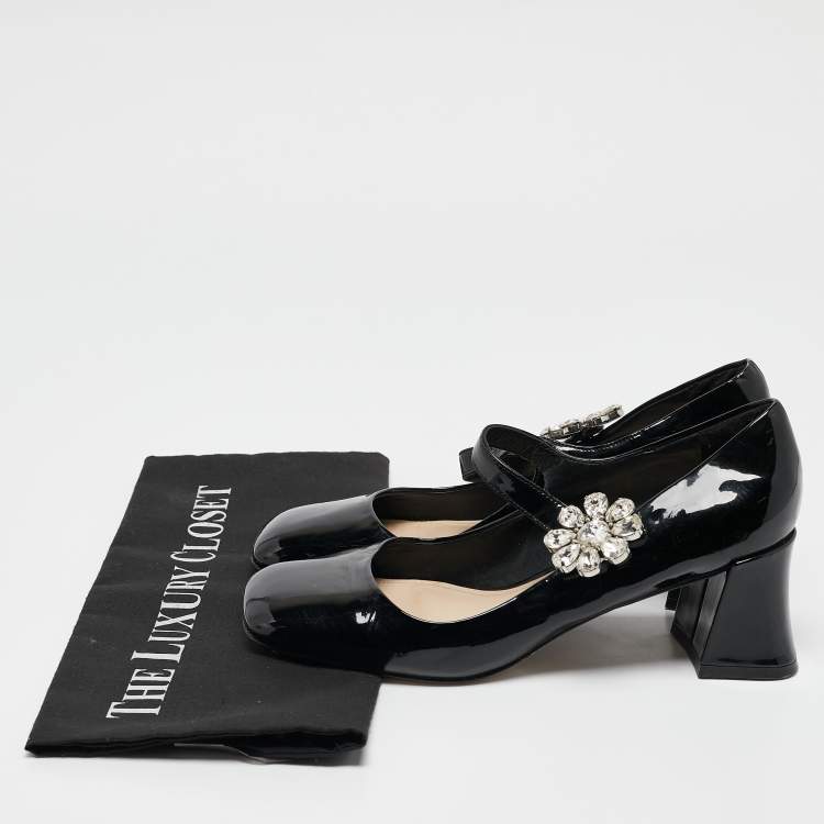 Pre Owned Miu Miu Black Patent Leather Crystal Embellished Mary Jane Pumps Size 37