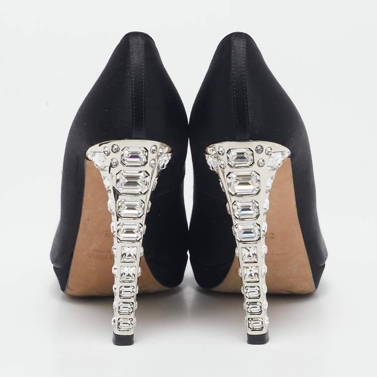 Pre Owned Miu Miu Black Satin Crystal Embellished Heel Peep Toe Platform Pumps Size 38