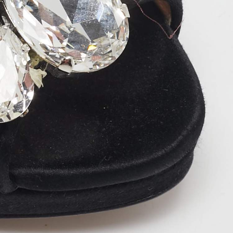 Pre Owned Miu Miu Black Satin Crystal Embellished Heel Peep Toe Platform Pumps Size 38