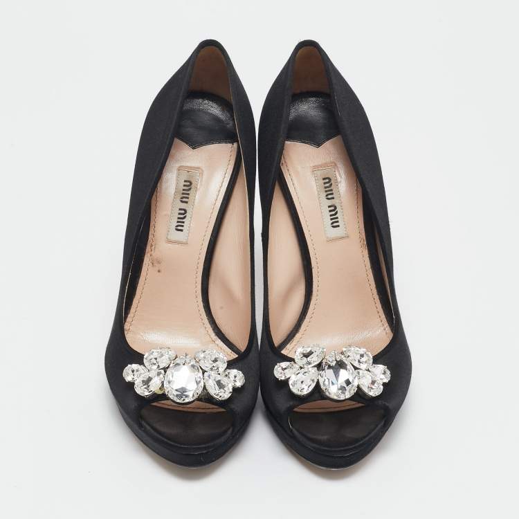 Pre Owned Miu Miu Black Satin Crystal Embellished Heel Peep Toe Platform Pumps Size 38