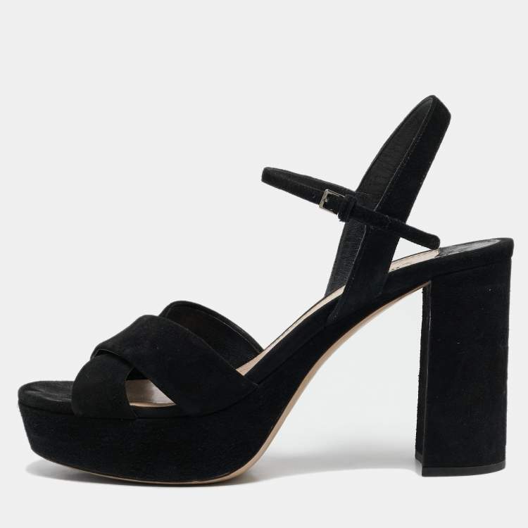 Pre Owned Miu Miu Black Suede Platform Block Heel Ankle Strap Sandals Size 40.5