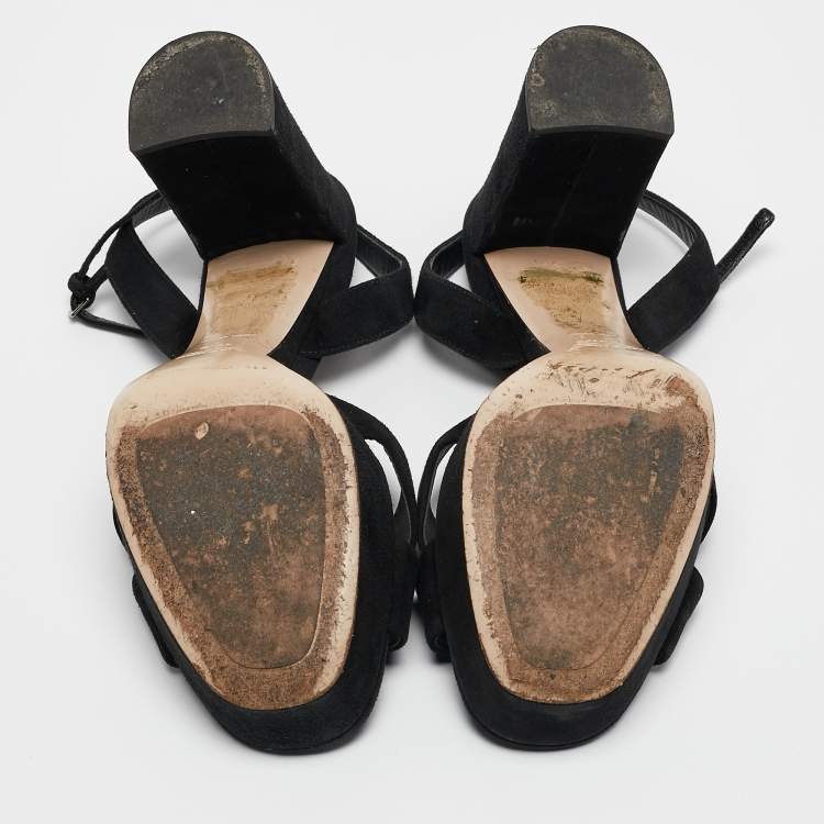 Pre Owned Miu Miu Black Suede Platform Block Heel Ankle Strap Sandals Size 40.5