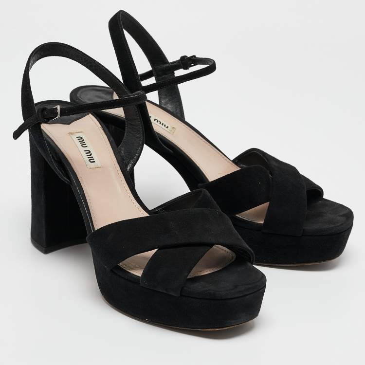 Pre Owned Miu Miu Black Suede Platform Block Heel Ankle Strap Sandals Size 40.5