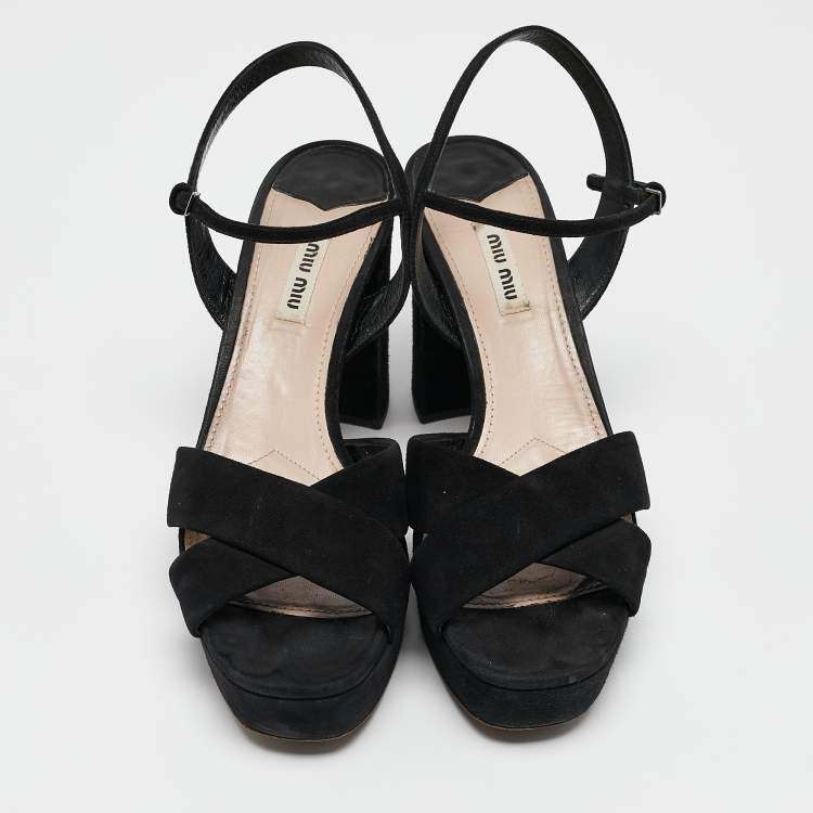Pre Owned Miu Miu Black Suede Platform Block Heel Ankle Strap Sandals Size 40.5